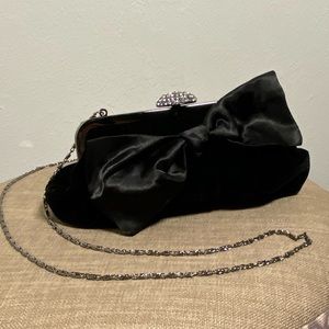 Neiman Marcus Black Velvet with Satin Bow Rhinestone Clutch Strap included